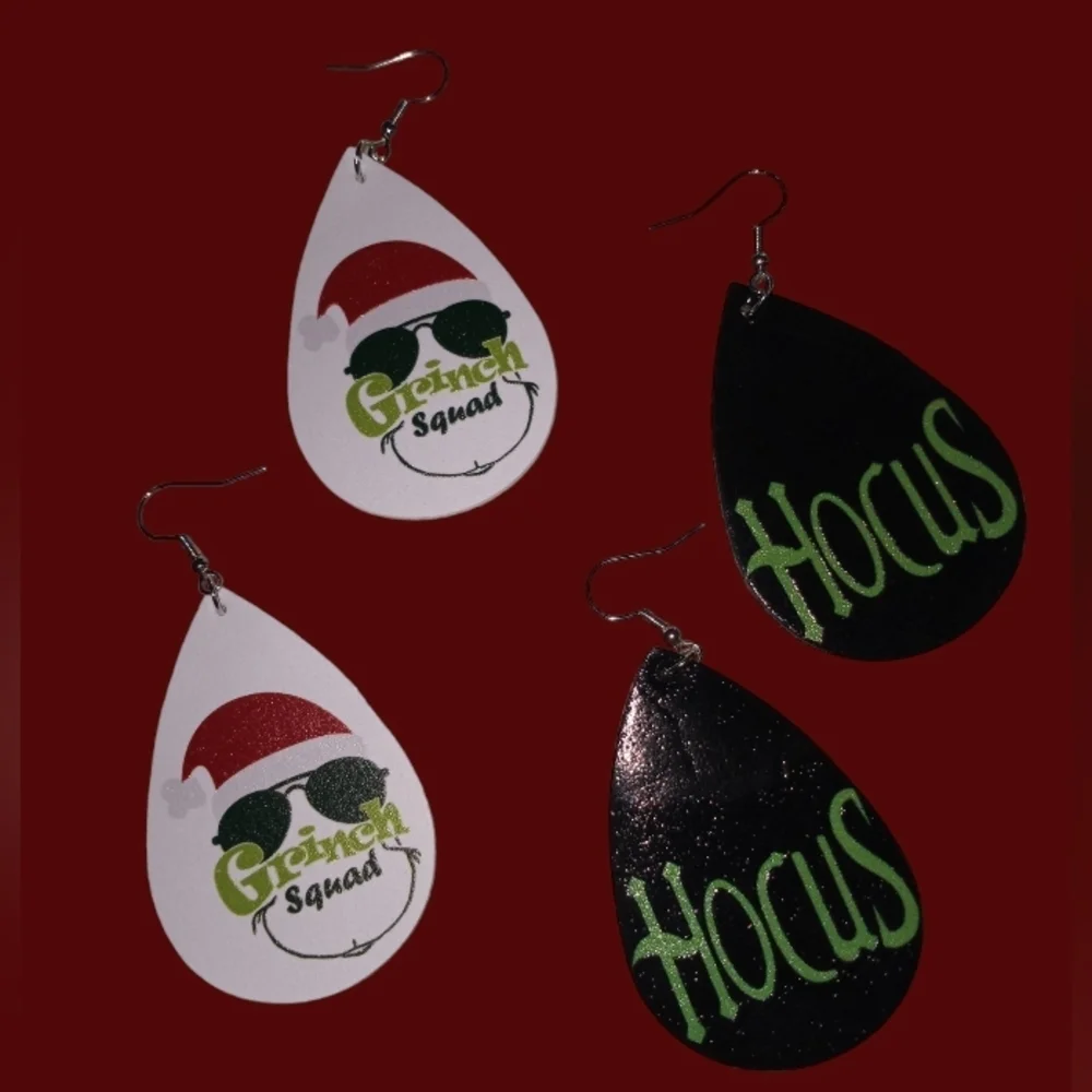 Faux leather grinch teardrop earrings